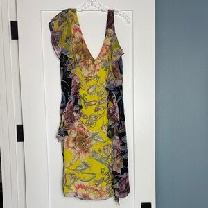 Prabal Gurung Yellow Floral V-Neck Ruffle Mini Dress